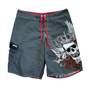 Billabong Board Shorts Mens Size 38 Surf Skate Swim Trunk Skull Grunge Gray Y2K